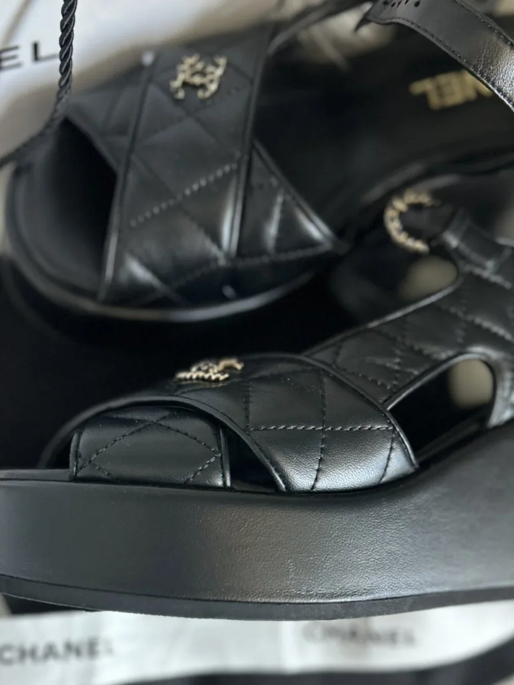 CHANEL Size 37.5 (7.5)  Lambskin Wedge Heel Sandals
